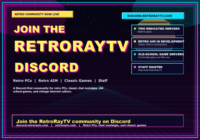 RetroRayTV retro PC Discord community featured image with retro neon design and Discord invite