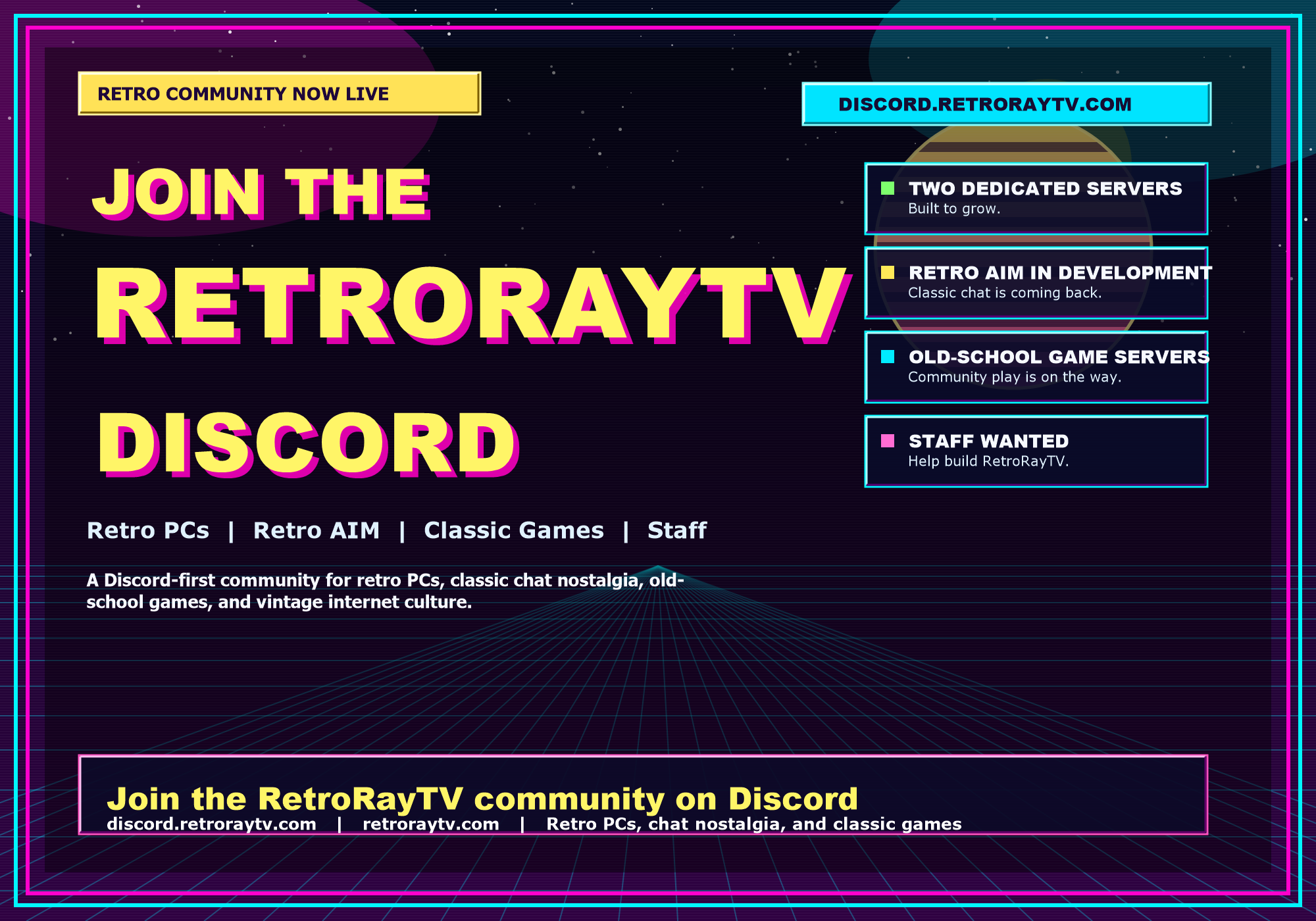 RetroRayTV retro PC Discord community featured image with retro neon design and Discord invite